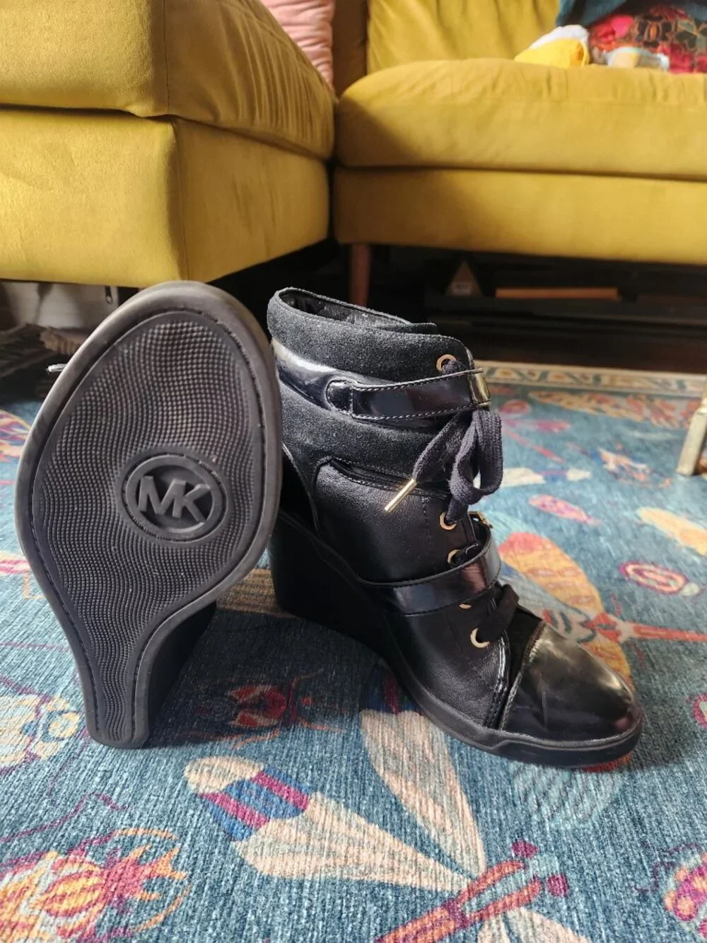 Michael Kors Black Wedge Booties Size 10 Lace Up Buckles Gold